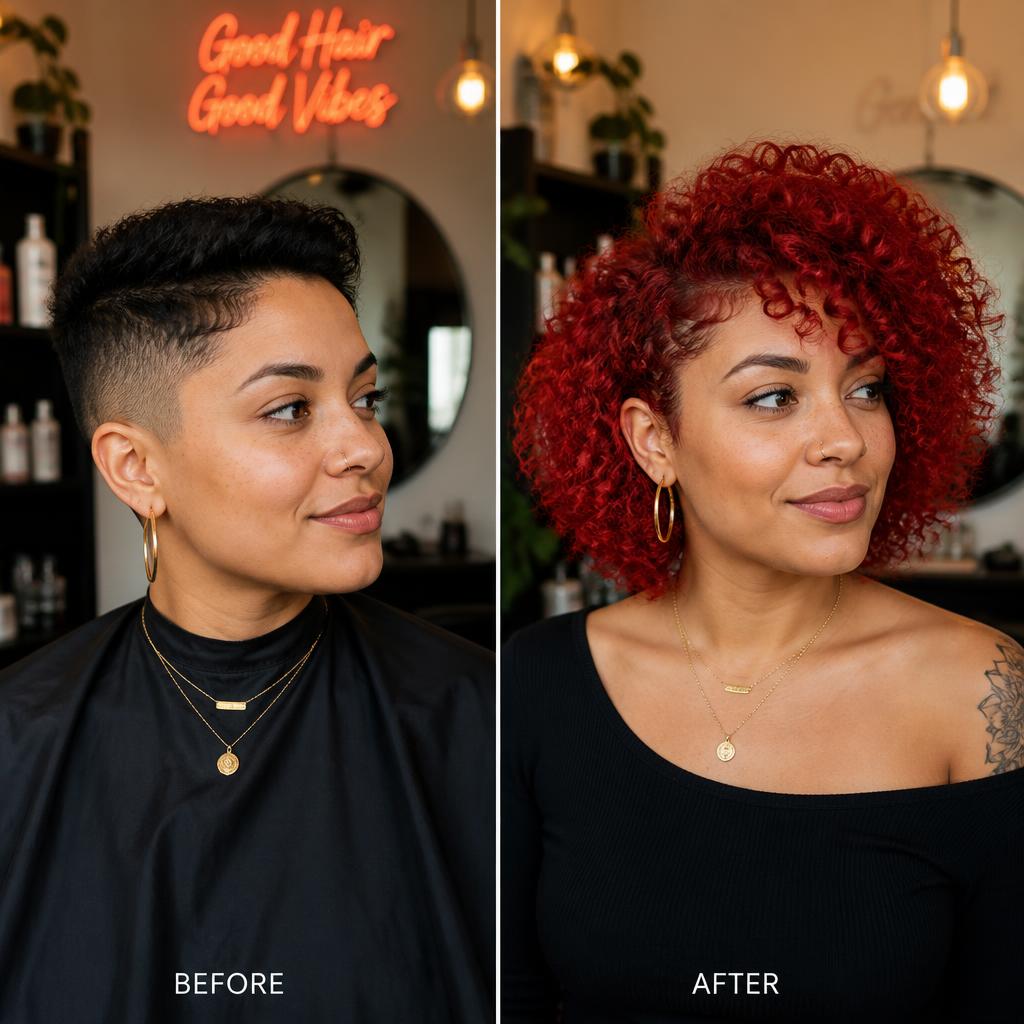 Before and after vibrant red curly color transformation
