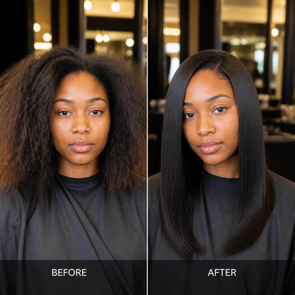 Before and after silk press transformation
