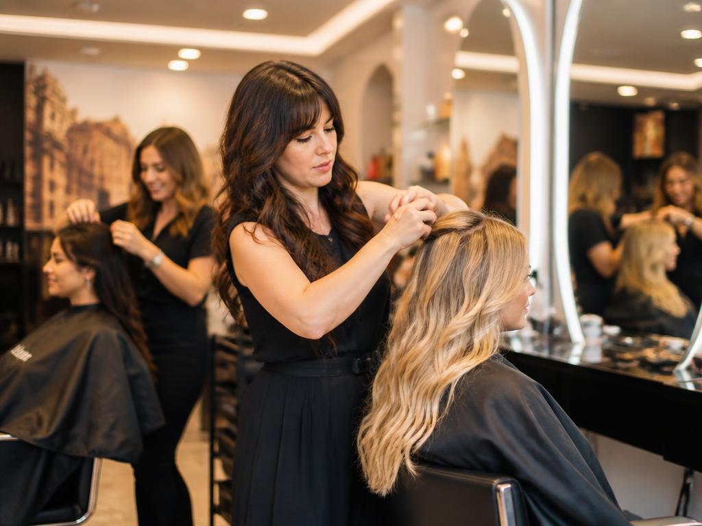 Stylist styling a client during a busy salon day