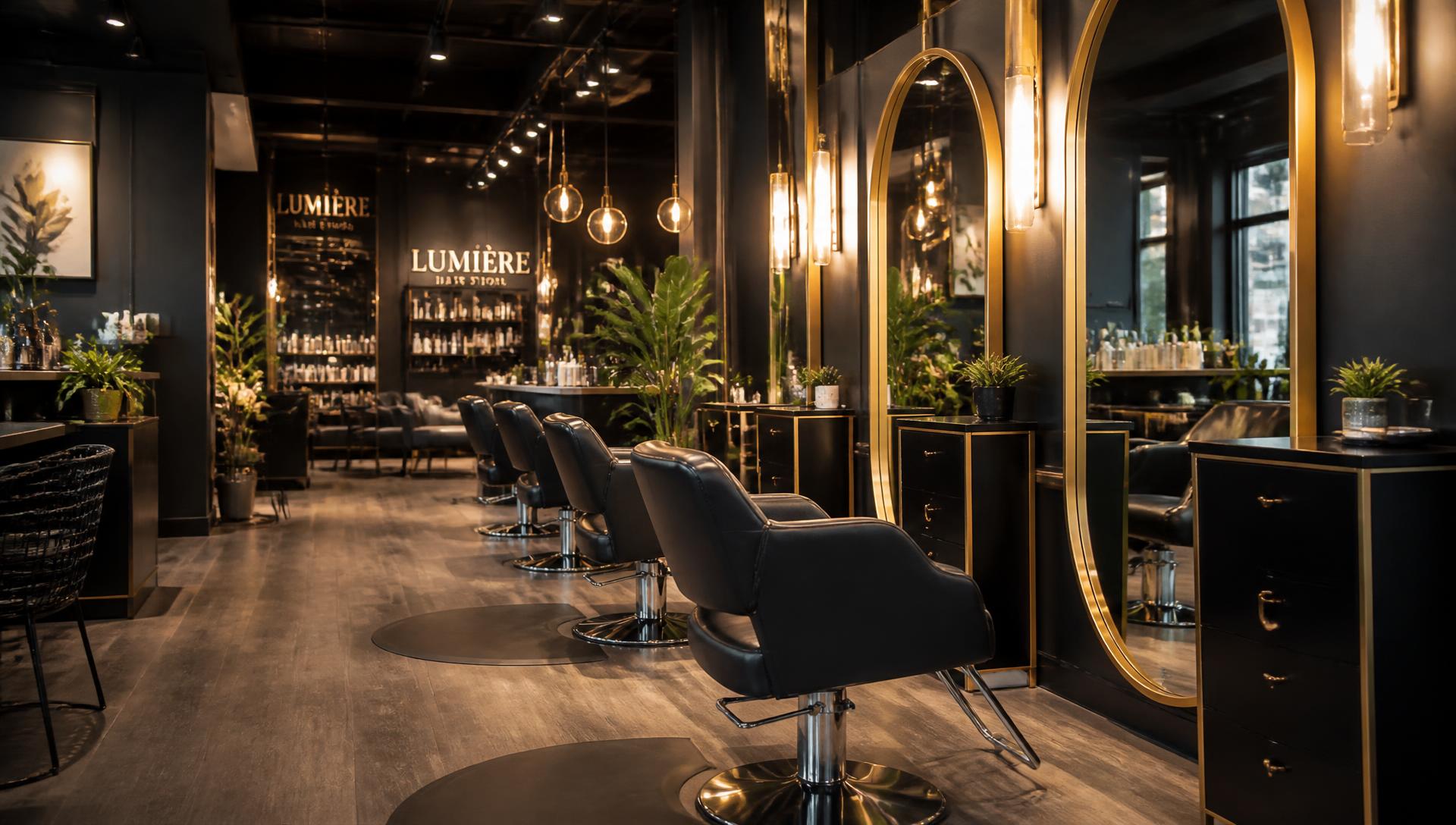 Modern hair salon interior with styling chairs and warm lighting