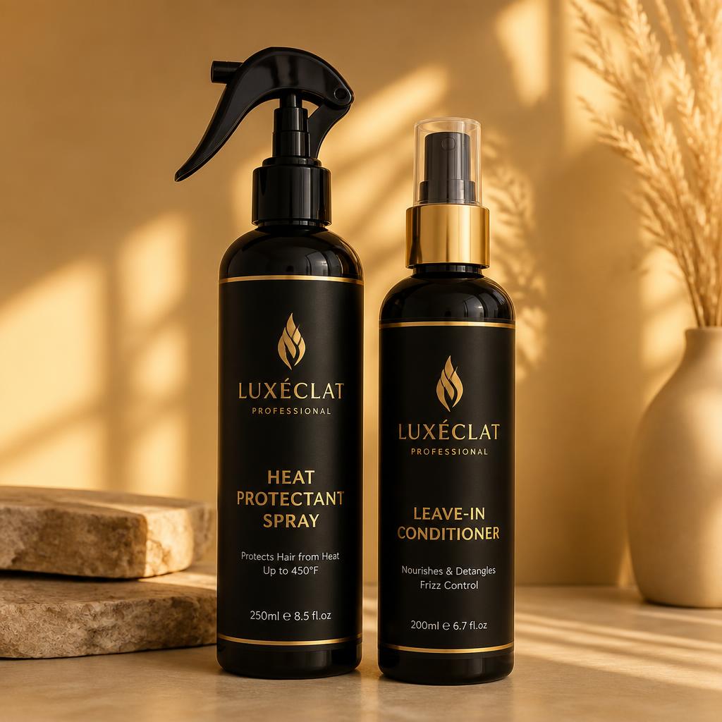 Heat protectant spray and leave-in conditioner bottles