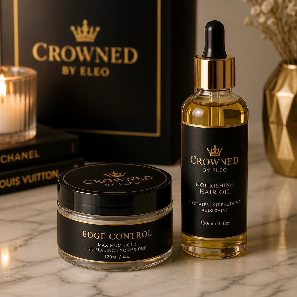 Edge control jar and hair oil bottle with black and gold labels