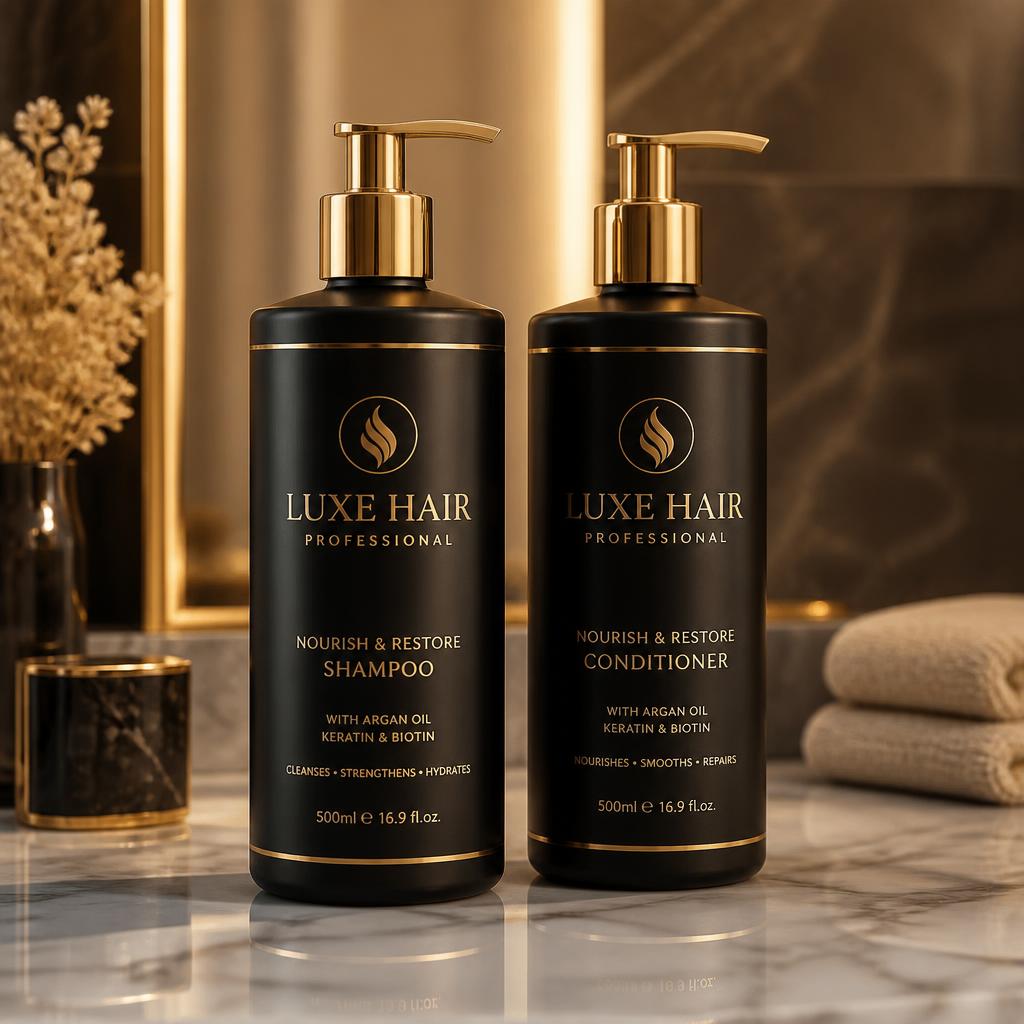 Black and gold shampoo and conditioner bottles on marble
