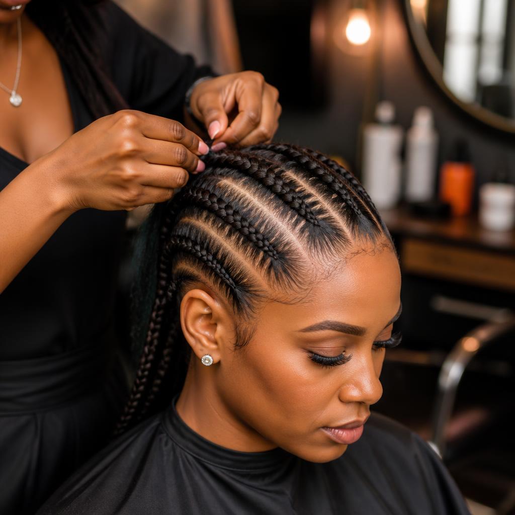 Stylist finishing neat cornrows on a client