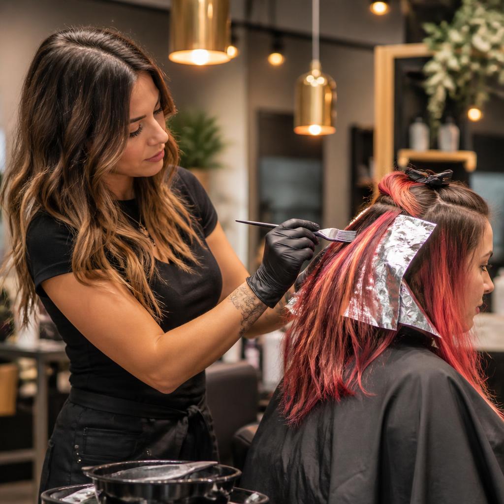 Stylist applying vibrant hair color with foils