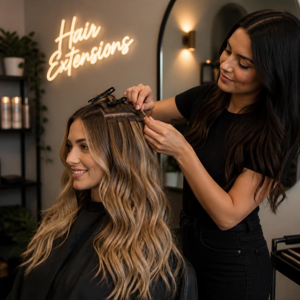 Stylist installing long wavy hair extensions