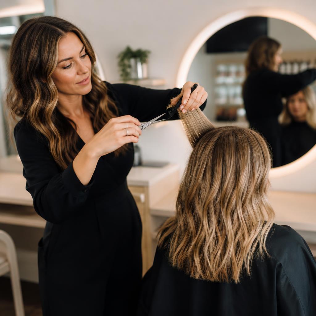 Stylist giving a precision haircut in a modern salon