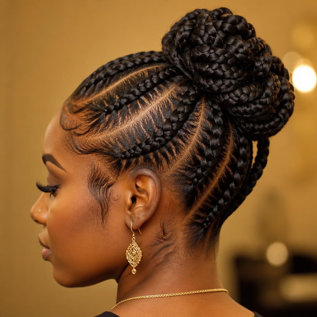 Intricate braided updo with clean parts and a wrapped bun